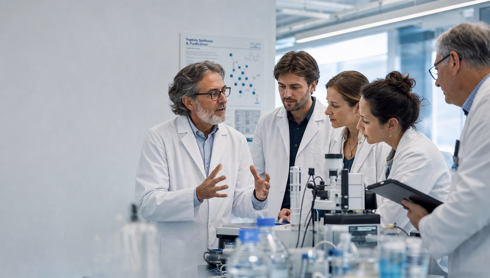 Animated laboratory research vials in a cool blue lab setting